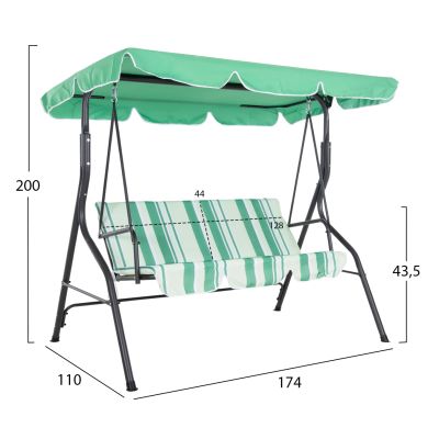 PORCH SWINGER 3-SEATER WITH SUNSHIELD LIKID HM5979.03 METAL GREY- FABRIC IN GREEN 170x110x153Hcm.