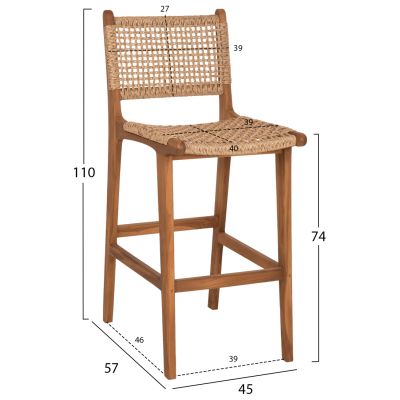 BAR STOOL WITH BACKREST NESHA HM9788 TEAK WOOD IN NATURAL-BEIGE ROPE 45x57x110Hcm.