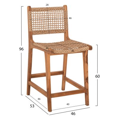 BAR STOOL WITH BACKREST NESHA HM9381.11 TEAK WOOD & VIRO ROPE 46x53x96 cm.