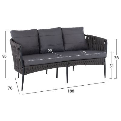 SOFA 3-SEATER HM5924.10 ALUMINUM ANTHRACITE-LIGHT GREY ROPE 188x76x95Hcm.