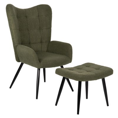 ARMCHAIR CRAWLEY WITH FOOTSTOOL HM8918.23 CYPRESS GREEN BOUCLE FABRIC-BLACK METAL LEGS 70x74x105Hcm.