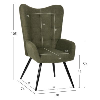 ARMCHAIR CRAWLEY WITH FOOTSTOOL HM8918.23 CYPRESS GREEN BOUCLE FABRIC-BLACK METAL LEGS 70x74x105Hcm.