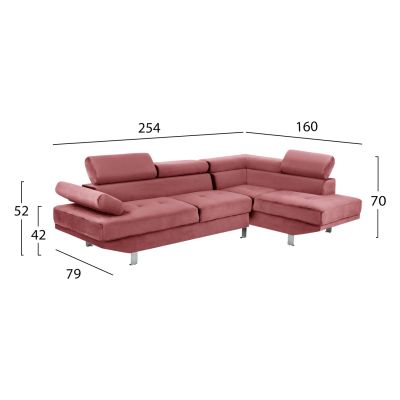 CORNER SOFA FAITH DUSTY PINK VELVET METAL LEGS 254x79-160x70H-84Hcm.HM3156.02