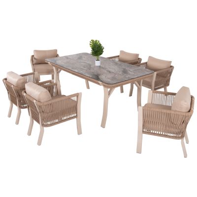 OUTDOOR DINING SET 7PCS DRIMM HM6119.01 ALUMINUM IN BEIGE-HPL GREY MARBLE-CAPUCCINO CUSHIONS AND ROPE