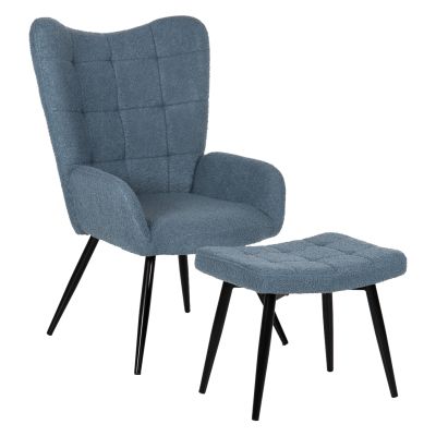 ARMCHAIR CRAWLEY WITH FOOTSTOOL HM8918.24 BLUE BOUCLE FABRIC-BLACK METAL LEGS 70x74x105Hcm.