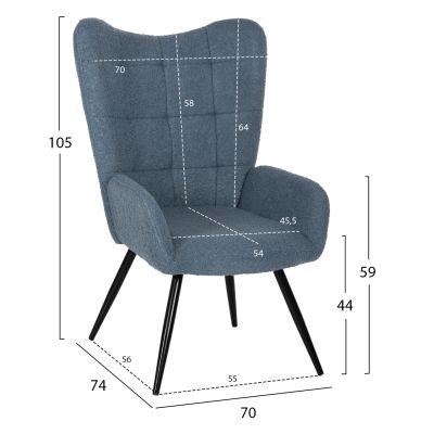 ARMCHAIR CRAWLEY WITH FOOTSTOOL HM8918.24 BLUE BOUCLE FABRIC-BLACK METAL LEGS 70x74x105Hcm.