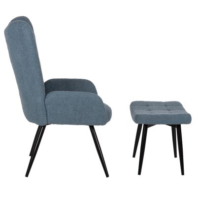 ARMCHAIR CRAWLEY WITH FOOTSTOOL HM8918.24 BLUE BOUCLE FABRIC-BLACK METAL LEGS 70x74x105Hcm.