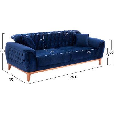 HM3249.18 3-seater sofa-bed, blue, 240x95x80, wooden legs