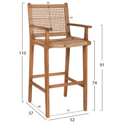 БАР СТОЛ С РАБОТИ TEO HM9807 ТИКОВО ДЪРВО И ВЪЖЕ В ЕСТЕСТВЕН ЦВЯТ 52x57x110Hcm.