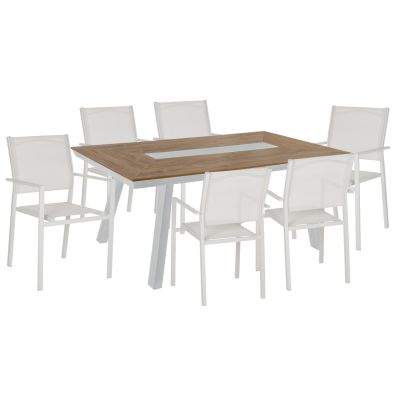 OUTDOOR DINING SET HM11838 7PCS ALUMINUM POLYWOOD TABLE & METAL ARMCHAIRS TEXTLINE WHITE