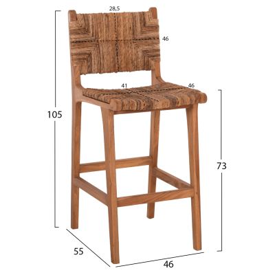 BAR STOOL WALTER HM9841 TEAK WOOD IN NATURAL-RUSH MATT 46x55x105Hcm.