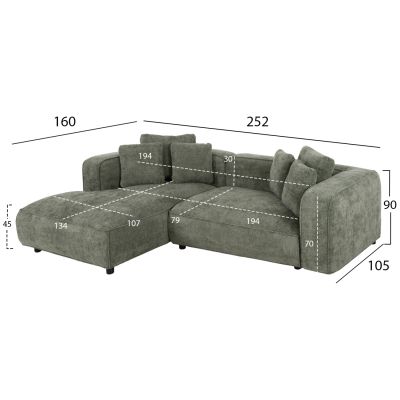 CORNER SOFA (LEFT) 3-SEATER GRACE HM3280.05L GREEN FABRIC 252x105-160x70-90Hcm.