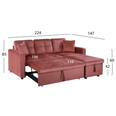 CORNER SOFA BED VELVET DUSTY PINK WAYNE 224x147x85cm. HM3028.12