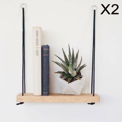 WALL SHELVES SET WITH ROPE AND WOOD HM8970.01 NATURAL WOOD BLACK 40x13x50 cm.