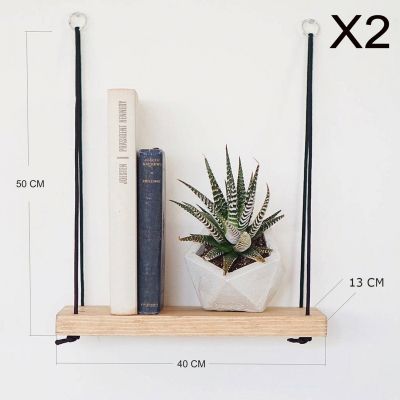 WALL SHELVES SET WITH ROPE AND WOOD HM8970.01 NATURAL WOOD BLACK 40x13x50 cm.