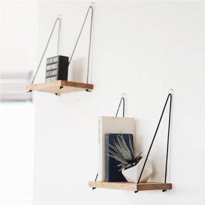 WALL SHELVES SET WITH ROPE AND WOOD HM8970.01 NATURAL WOOD BLACK 40x13x50 cm.