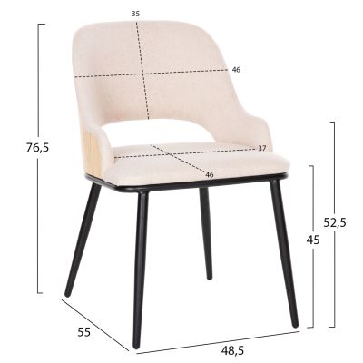 DINING CHAIR DELF HM9617.02 BEIGE FABRIC-BLACK METAL LEGS-WOODEN BACK IN OAK 48x55x76Hcm.