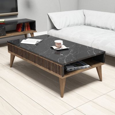 COFFEE TABLE HM9505.02 MELAMINE WALNUT-BLACK MARBLE-LOOK TOP 105x60x34.6Hcm.