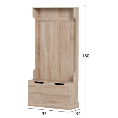 ENTRYWAY FURNITURE KAYLOR HM2475.01 WITH HOOKS&STORAGE SPACE-MDF IN SONAMA 93x34x180Hcm.