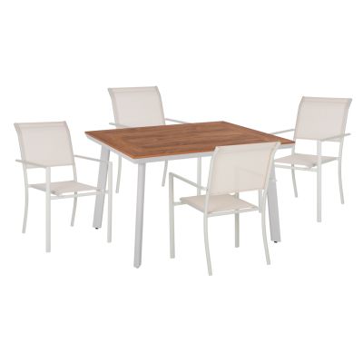 OUTDOOR DINING SET HM11835 5PCS POLYWOOD ALUMINUM TABLE & ALUMINUM ARMCHAIRS TEXTLINE WHITE