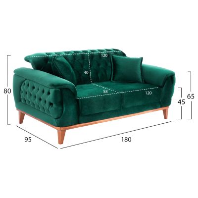 HM3250.13, 2-seater sofa-bed, cypress green velvet, 180x95x80