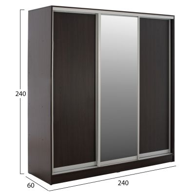 WARDROBE ADLER SLIDING MELAMINE WENGE WITH MIRROR 3-LEAF 240x60x240H HM2462.02