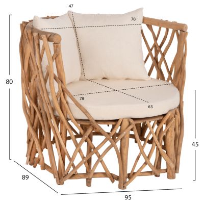 КРЕСЛО KAAN HM5994 ТИКОВО КЛОНЧЕ В ЕСТЕСТВЕНО-БЕЛИ ВЪЗГЛАВНИЦИ 95x89x80Hcm.