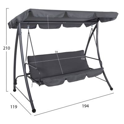 PORCH SWINGER-BED 3-SEATER WITH SUNSHIELD LIKID HM5980.01 METAL FRAME&FABRIC IN GREY 200x120x164Hcm.