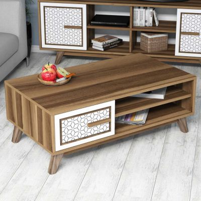 COFFEE TABLE MELAMINE IN WALNUT COLOR WITH WHITE CABINET DOOR HM9497.03 105x60x38,2Hcm.