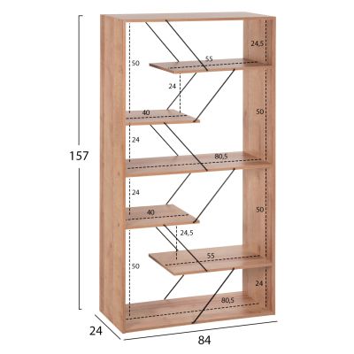 BOOKCASE TARS HM2240.14 NATURAL OAK MELAMINE-BLACK METAL RODS 84x24x157Hcm.