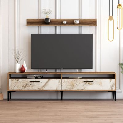 TV FURNITURE SET HM9517.04 MELAMINE IN WALNUT AND WHITE MARBLE LOOK DOORS 180x35x47Hcm.