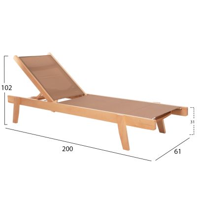 SUNBED PROFESSIONAL CRETA BEECH WOOD IN NATURAL COLOR & MOCHA TEXTILENE 200x61-66x31-91Hcm.HM10356.05