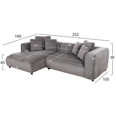 CORNER SOFA (LEFT) 3-SEATER GRACE HM3280.03L GREY FABRIC 252x105-160x70-90Hcm.