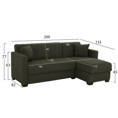 HM3244.05, corner sofa-bed, dark olive, reversible, 200x133x77cm