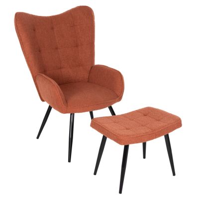 ARMCHAIR WITH FOOTSTOOL CRAWLEY HM8918.22 ORANGE BOUCLE FABRIC-BLACK METAL LEGS 70x74x105Hcm.