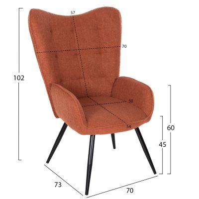 ARMCHAIR WITH FOOTSTOOL CRAWLEY HM8918.22 ORANGE BOUCLE FABRIC-BLACK METAL LEGS 70x74x105Hcm.