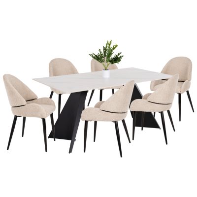 INDOOR DINING SET 7PCS POSE HM21046 TABLE WITH CERAMIC TOP- 6 CHAIRS IN ECRU COLOR