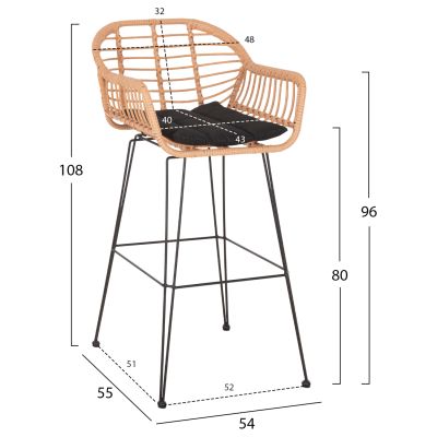 БАР СТОЛ (ВИСОКА СЕДАЛКА) ALLEGRA HM5640.11 P.E.RATAN В БЕЖОВО-ЧЕРЕН МЕТАЛ 54x55x108Hcm.