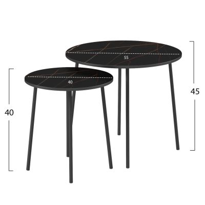 COFFEE TABLES 2PCS ROUND CUPPER HM9878.13 MELAMINE IN BLACK MARBLE-BLACK METAL Φ55x45Hcm.