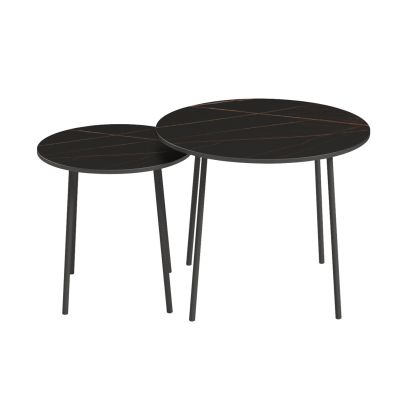 COFFEE TABLES 2PCS ROUND CUPPER HM9878.13 MELAMINE IN BLACK MARBLE-BLACK METAL Φ55x45Hcm.