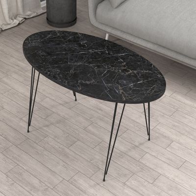 COFFEE TABLE GRANIT HM18177.02 MELAMINE IN BLACK MARBLE LOOK-BLACK METAL LEGS 90x50x42Hcm.