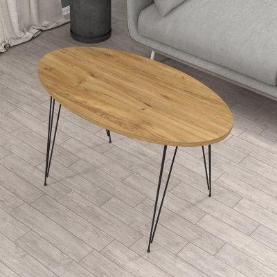 COFFEE TABLE GRANIT HM18177.04 MELAMINE IN NATURAL WOOD COLOR-BLACK METAL LEGS 90x50x42Hcm.