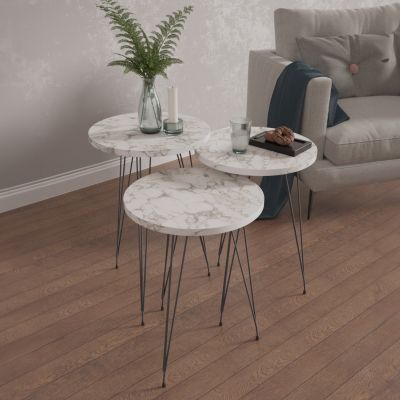 SET OF 3 ROUND SIDE TABLES NISSA HM18173.01 MELAMINE IN WHITE MARBLE-BLACK METAL LEGS