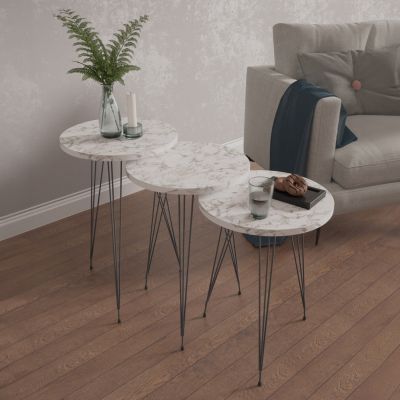 SET OF 3 ROUND SIDE TABLES NISSA HM18173.01 MELAMINE IN WHITE MARBLE-BLACK METAL LEGS