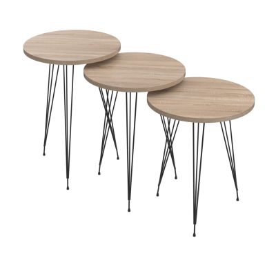 SET OF 3 ROUND SIDE TABLES NISSA HM18173.03 MELAMINE IN SONAMA-BLACK METAL LEGS