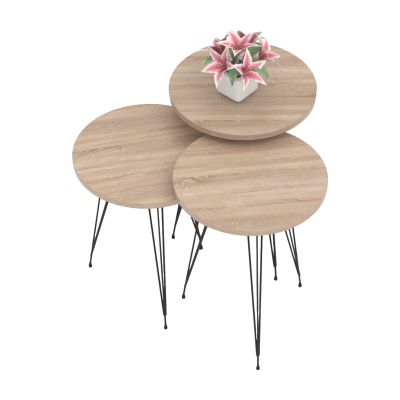 SET OF 3 ROUND SIDE TABLES NISSA HM18173.03 MELAMINE IN SONAMA-BLACK METAL LEGS