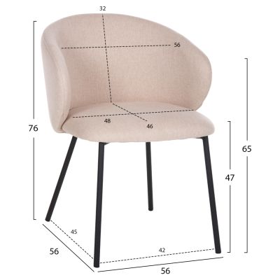 DINING CHAIR ISIAH HM9615.03 BEIGE FABRIC-BLACK METAL LEGS 56x56x76Hcm.