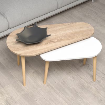 COFFEE TABLES 2PCS APRILIA HM18179.04 MELAMINE IN SONAMA & WHITE-WOODEN LEGS IN NATURAL 94x47x47Hcm