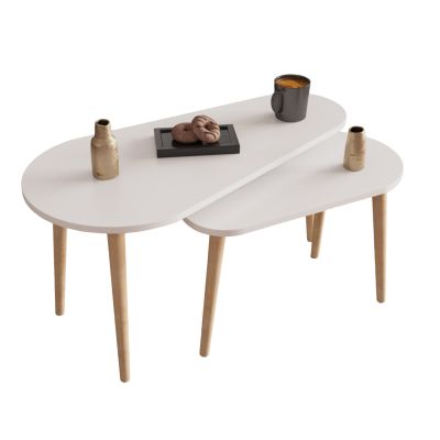 COFFEE TABLES 2PCS APRILIA HM18179.05 MELAMINE IN WHITE-WOODEN LEGS IN NATURAL 95x47x47Hcm