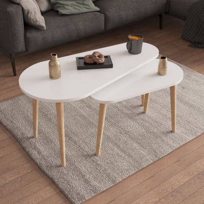 COFFEE TABLES 2PCS APRILIA HM18179.05 MELAMINE IN WHITE-WOODEN LEGS IN NATURAL 95x47x47Hcm